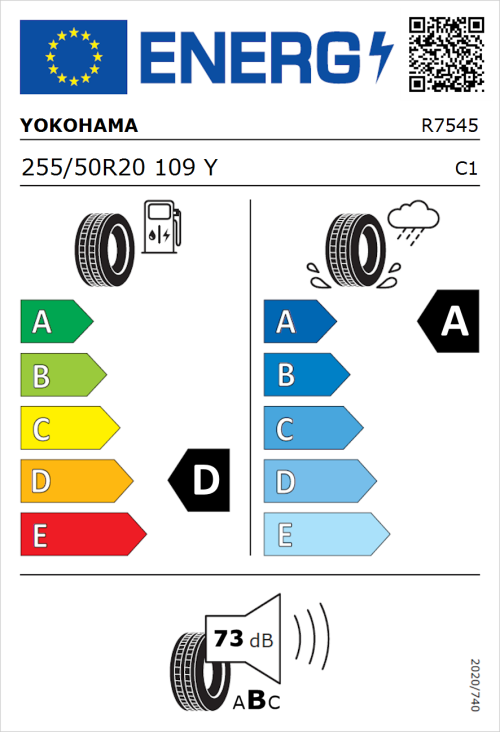 Tyre Label for Yokohama Advan Sport V107 255/50R20 109Y