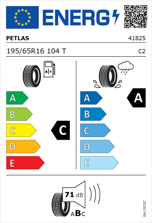 Tyre Label for Petlas Full Power PT835 195/65R16 104T