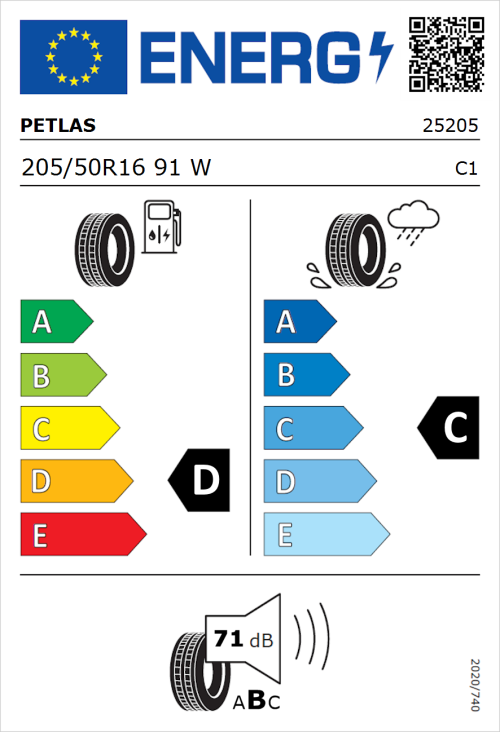 Tyre Label for Petlas Velox Sport PT741 205/50R16 91W