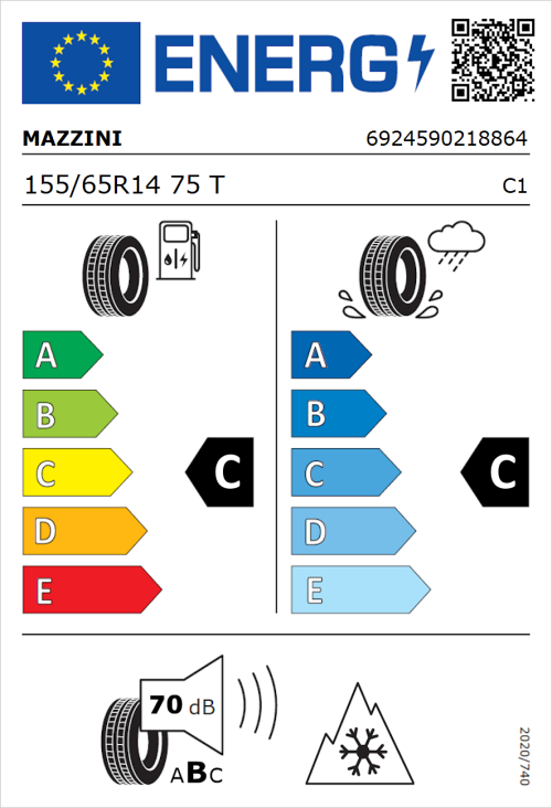 Tyre Label for Mazzini Versat-AS8 155/65R14 75T