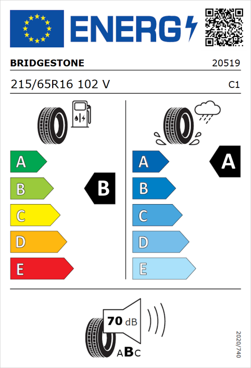 Tyre Label for Bridgestone Turanza 6 215/65R16 102V