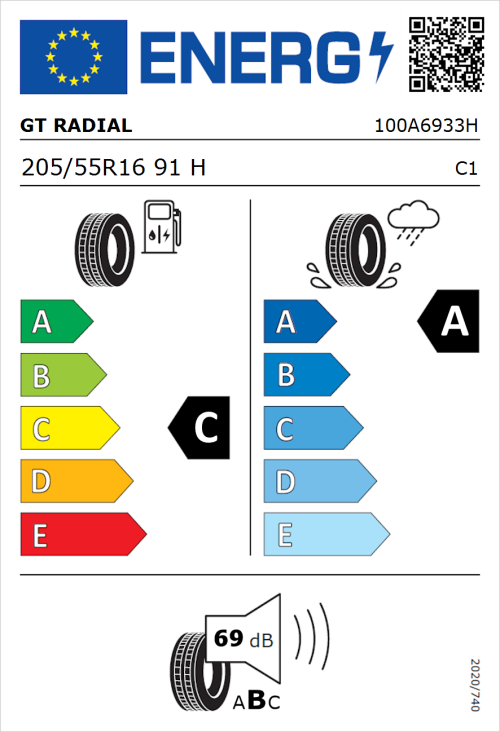 Tyre Label for GT Radial FE2 Evo 205/55R16 91H