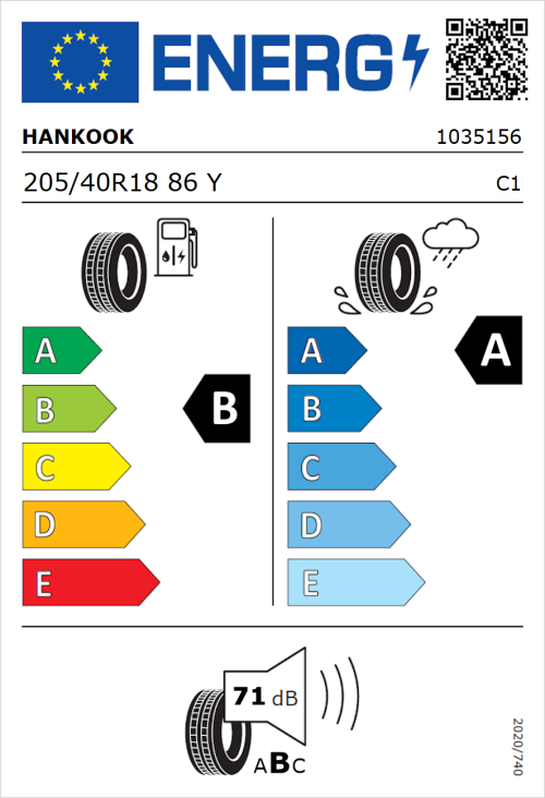 Tyre Label for Hankook Ventus Evo (K137) 205/40R18 86Y