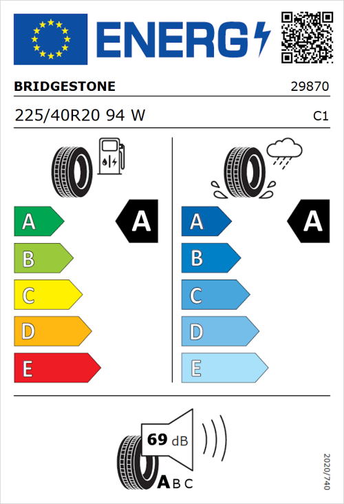 Tyre Label for Bridgestone Turanza 6 225/40R20 94W