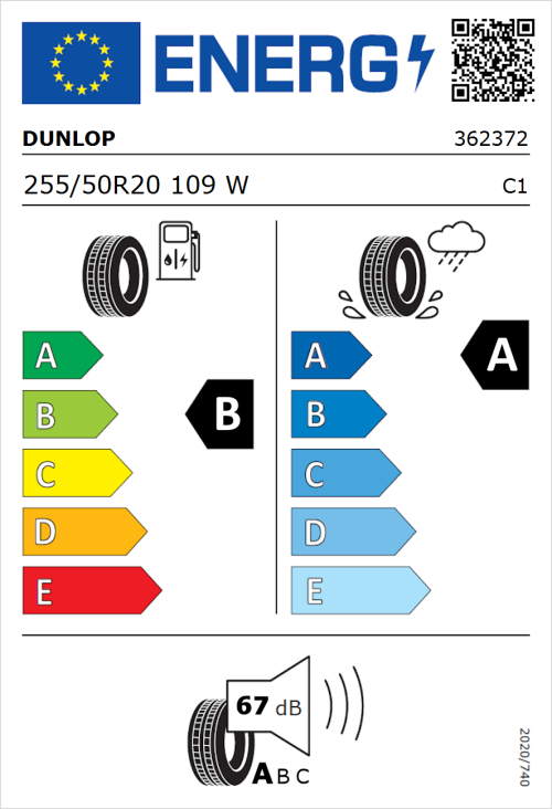 Tyre Label for Dunlop BLUE RESPONSE TG 255/50R20 109W