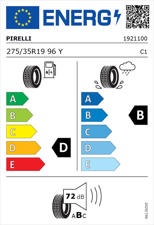 Tyre Label for Pirelli P ZERO Run Flat 275/35R19 96Y