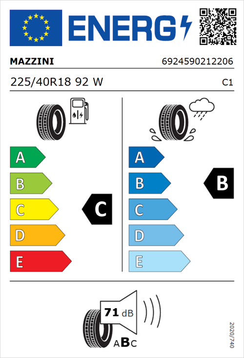 Tyre Label for Mazzini Eco 607 225/40R18 92W