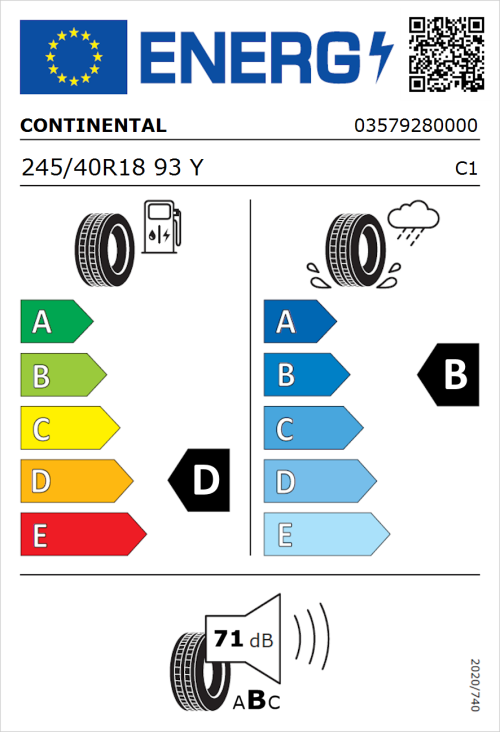 Tyre Label for Continental ContiSportContact 3 245/40R18 93Y